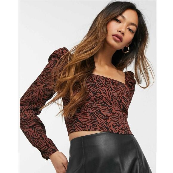 & Other Stories Brown Smocked Animal Zebra Print Square Long Sleeve Crop Top 0 - Picture 1 of 9